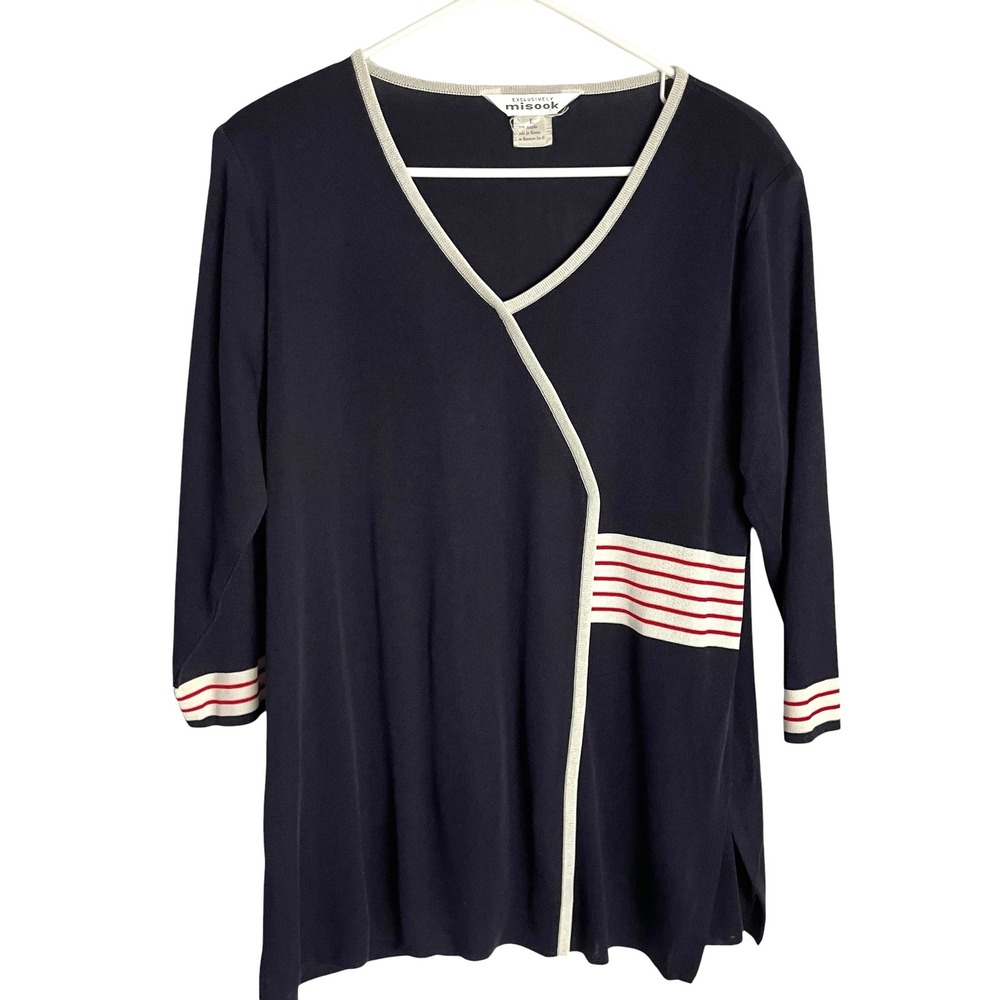 Vintage Misook Womens Nautical Preppy Tunic Top Sz L Navy 3/4 Sleeve‎ Asymmetric